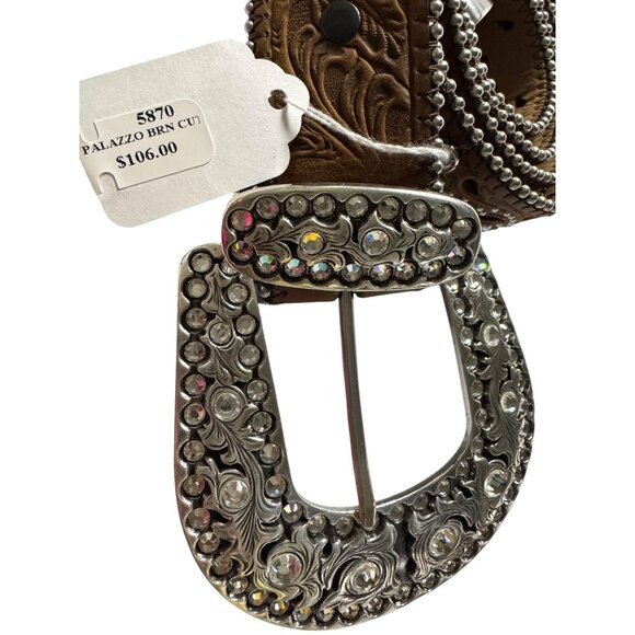 Justin Western Style Leather Belt With Silver Rhinestone Buckle & Floral Cutouts - Picture 2 of 10
